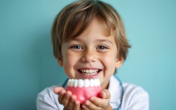 Cute charming little dentist holds model jaws in the palm of his hand close to face, smiling broadly, showing his perfect teeth. Children's Dentistry - tooth fairy. National dentist s day