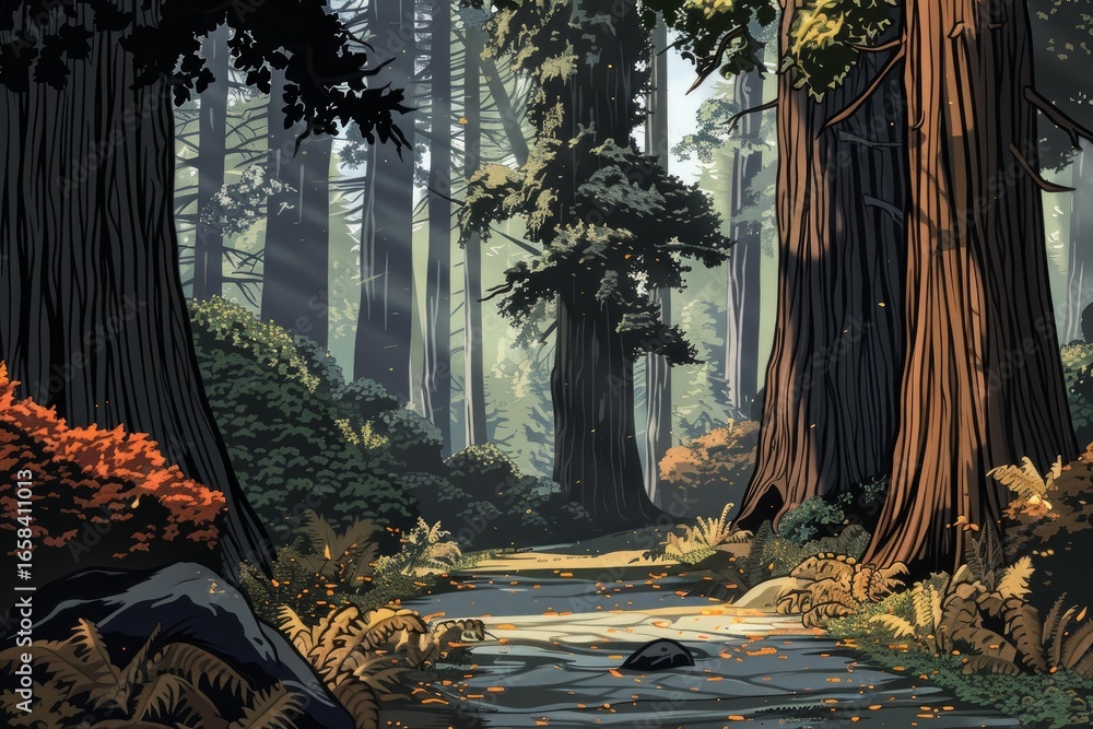 Poster Sunbeams filter through towering redwood trees, illuminating a tranquil forest floor with a gently flowing stream, creating a magical and serene atmosphere
