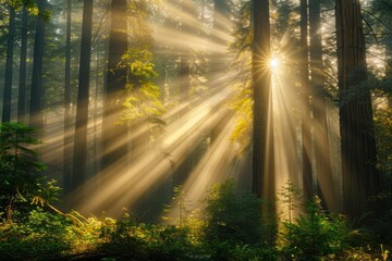 Fototapeta premium Golden sunbeams pierce through the misty canopy of a redwood forest, illuminating the lush undergrowth in a breathtaking display of nature's beauty