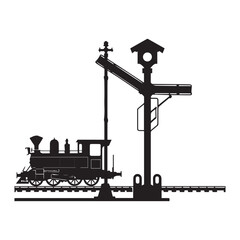 Vector art of silhouette of a vintage steam train engine with a railway signal, isolated on a white background, representing historical transportation and travel
