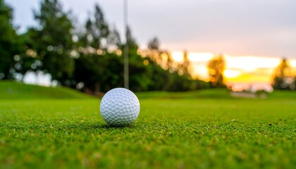 Obraz premium A golf ball rests on a green fairway at sunset.