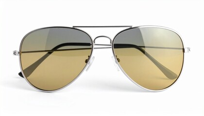 "Pair of modern aviator sunglasses with silver frame and tinted lenses, isolated on white background, eyewear fashion"
