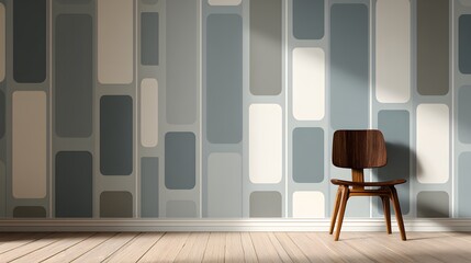 A simple, elegant roomset showcasing rectangular motif wallpaper in bold, updated modern colors, contrasted with a minimalist modern wooden chair