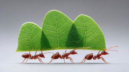 Four ants cooperatively carrying a piece of green leaf across a smooth, gray background, showcasing teamwork and strength.