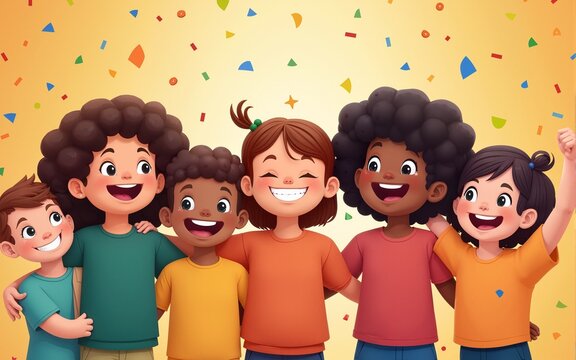 Happy diverse children celebrating world children s day with confetti. High quality