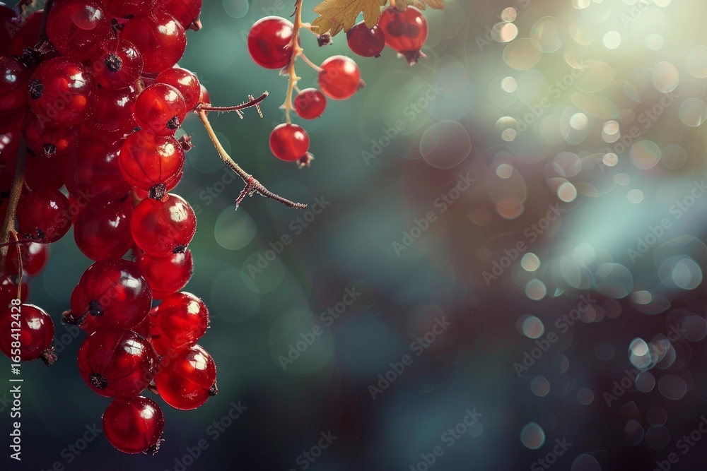 Poster ripe red currant berries hanging on a branch in sunlight with a bokeh blurred background