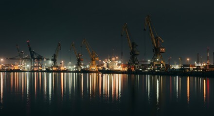 Obraz premium Dark Port with Reflecting Lights and Towering Cranes at Night