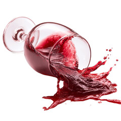 Realistic red wine splash spilling from a tipped-over glass on transparent background