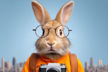 Clever Rabbit Photographer with Glasses in Urban Background