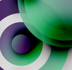 Abstract composition. Overlapping circles, varying shades green, purple, white create dynamic visual effect. Modern design.