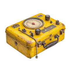 Vintage yellow analog testing instrument with circular dial and knobs on transparent background