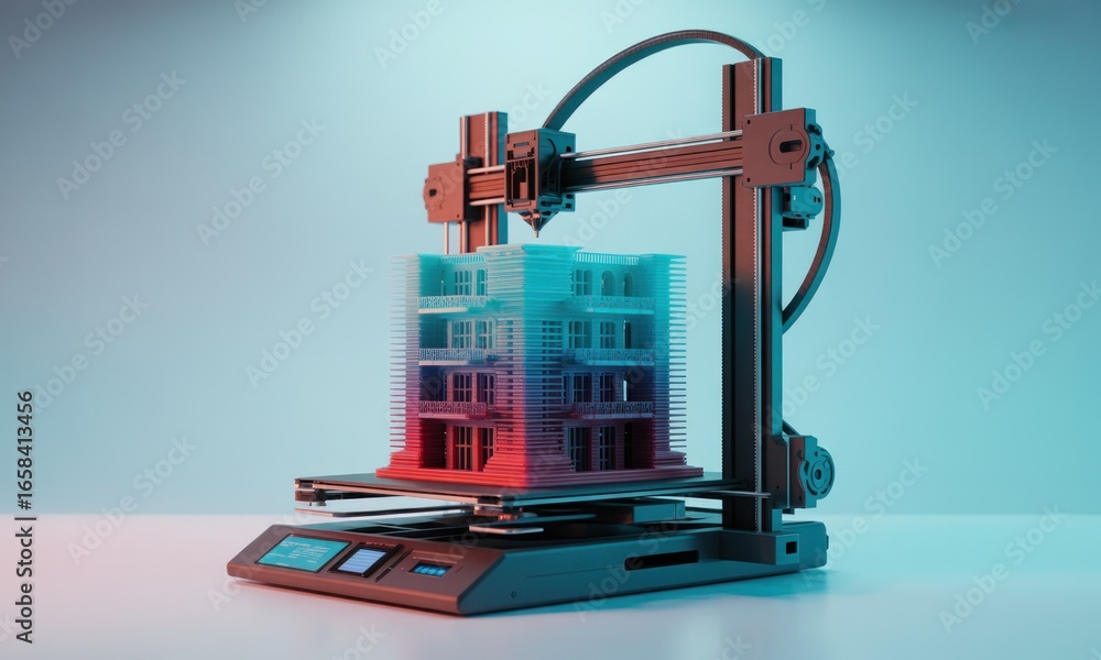 Poster 3d printer constructing a multi-story building model