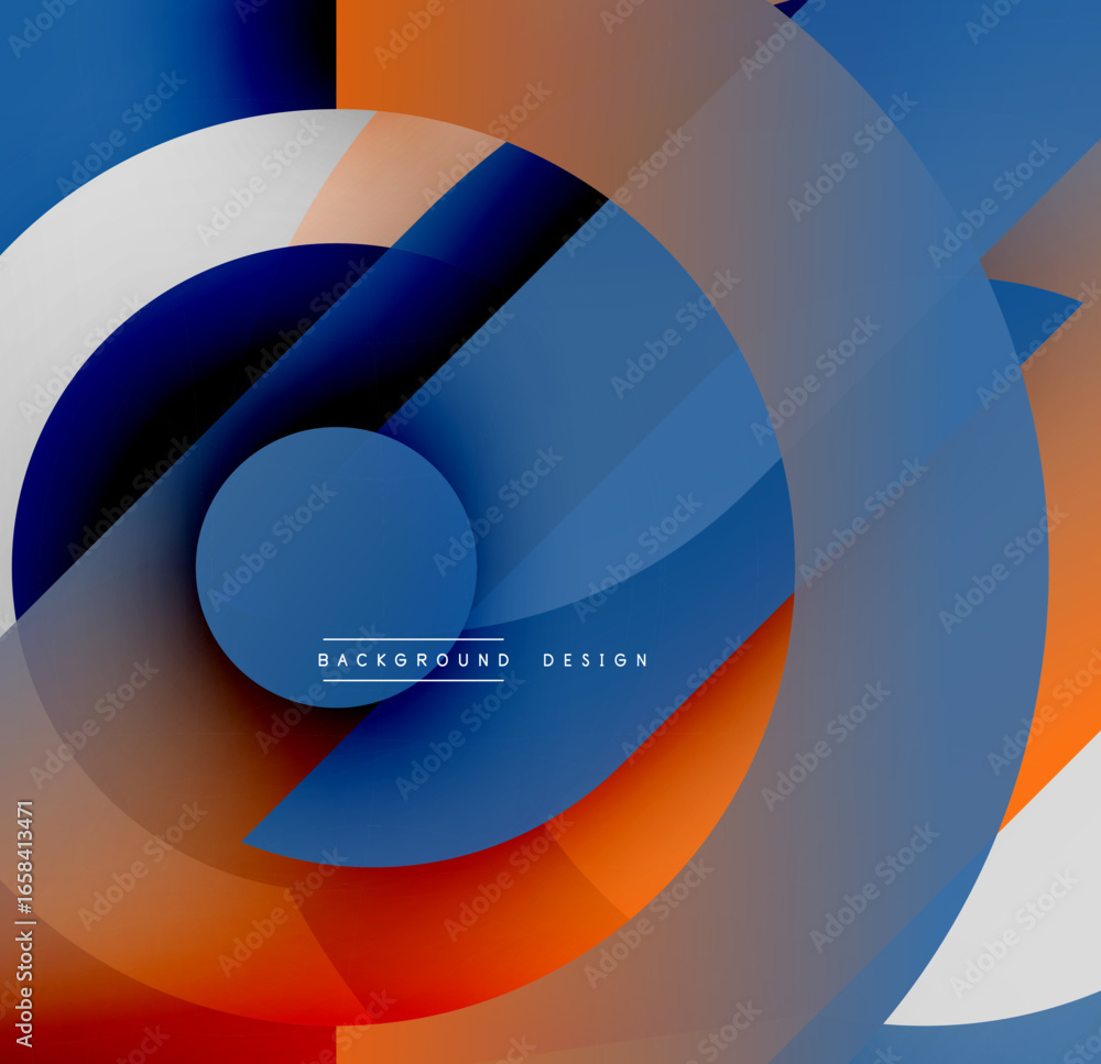 Poster abstract composition. overlapping circles, gradients create dynamic visual effect. blue, orange hues