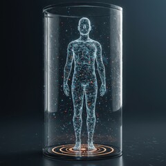 Futuristic digital human scan in virtual containment, concept of biometric data storage, digital health, identity security, virtual reality body simulation, AI diagnostics