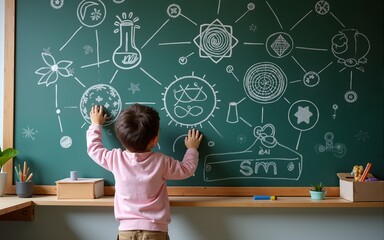 Kid s learning inspiration in science education with child s imagination doodle on teacher s school chalkboard for back to school month concept. Sparking young minds a visual journey. High quality