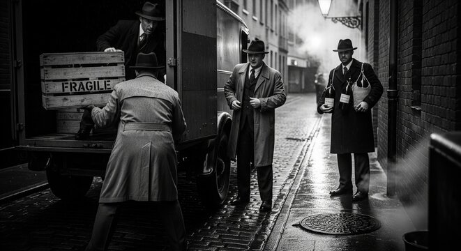 Men Smuggling Whiskey at Night, a Historical Prohibition or Bootlegging Scene