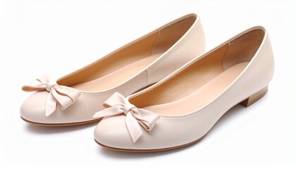 "Women’s ballet flats in nude leather with bow detail, isolated on white background, everyday footwear"
