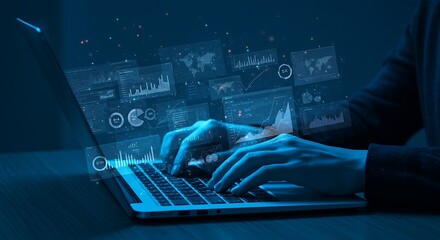 Person Typing on Laptop with Blue Data Visualization Overlays