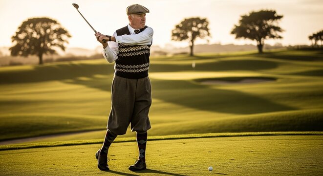 Man in Vintage Golf Attire Swinging a Golf Club on a Course with Rolling Hills at Sunset