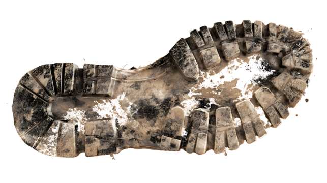 Muddy boot print stain, realistic texture, isolated on a white background