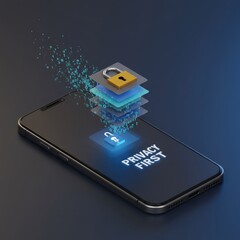 Smartphone displaying privacy first message with padlock layers, concept of mobile data encryption, secure communication, personal privacy protection technology