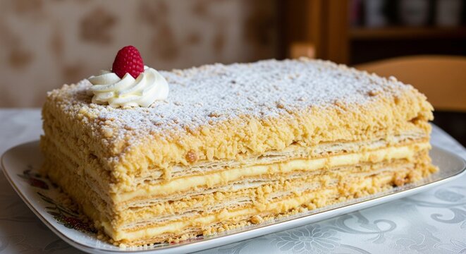 Classic Napoleon Cake with Flaky Pastry Layers, Cream Filling, and a Raspberry Garnish, Soviet Cuisine Food