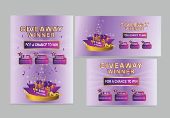 giveaway like follow share for a chance to win prizes with a gift box exploding in confetti's. Chance to win Vector illustration flyer poster banner set design.