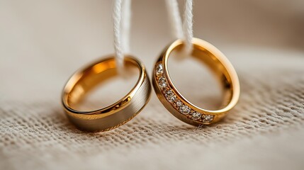Two Gold Wedding Rings with Diamonds on Textured Fabric Background 