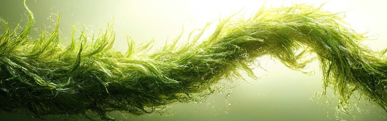A vibrant, green, wavy strand of algae against a light, hazy backdrop