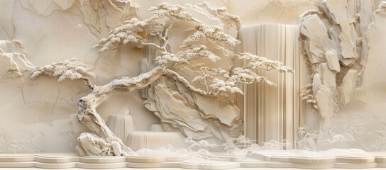 Relief of birds and flowers, beige color background, wall art design, elegant