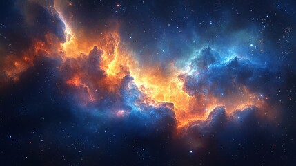 Fototapeta premium A vibrant cosmic nebula glowing with fiery orange and cool blue hues, set against a star-studded deep space background.