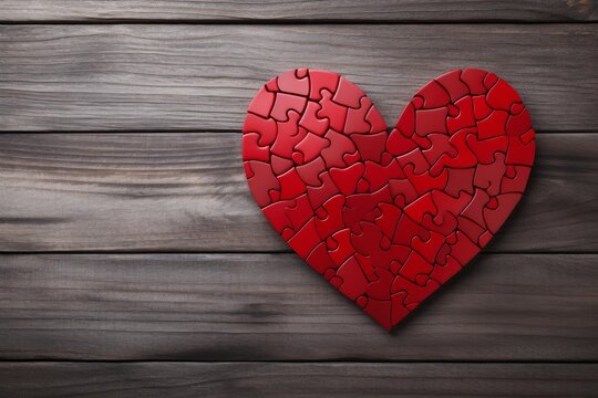 Red puzzle pieces forming a heart shape on a wooden table symbolizing love, relationships, and valentine's day - Powered by Adobe