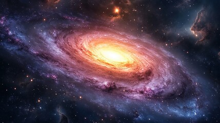 A vibrant spiral galaxy glowing with bright star clusters and cosmic dust, set against a dark, star-filled universe.