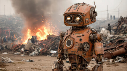 A weathered robot stands in a debris-filled landscape with plumes of smoke and fire in the background.