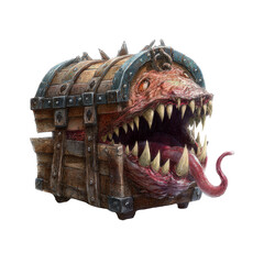 Living wooden treasure chest monster with sharp teeth metal spikes and fleshy tongue on transparent background