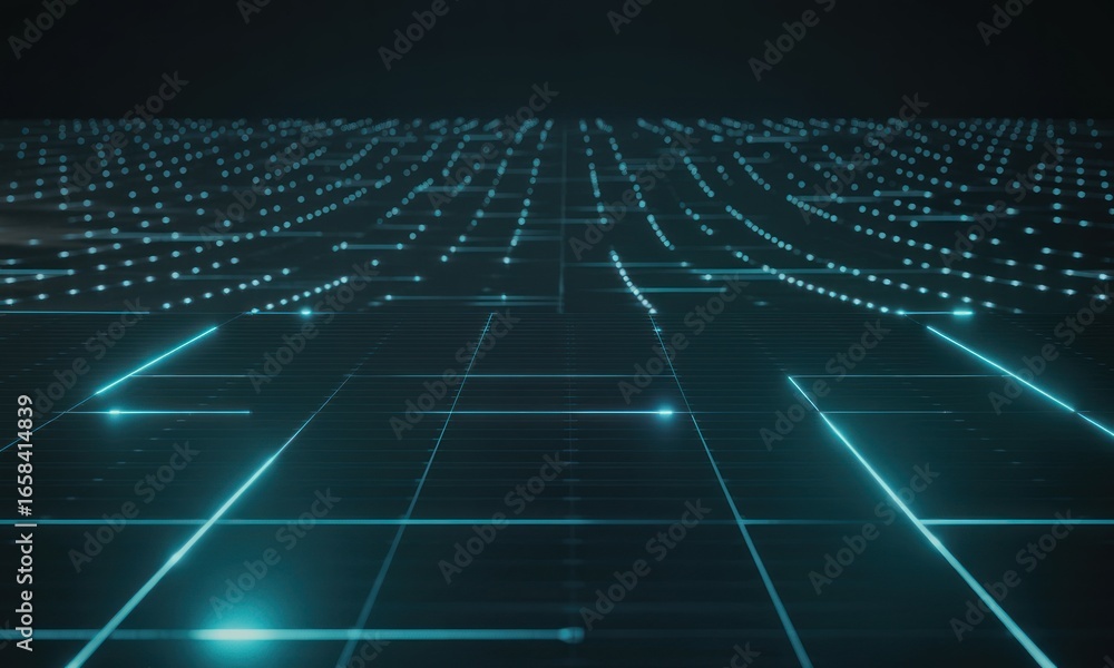 Aufkleber abstract glowing grid with lines and dots, converging in the distance