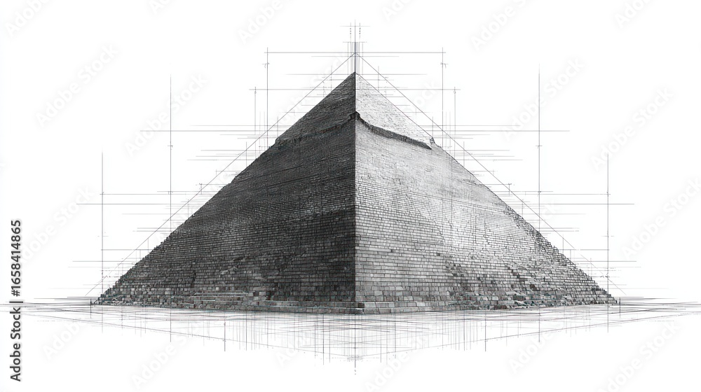 Poster pyramid with architectural sketch overlay in grayscale