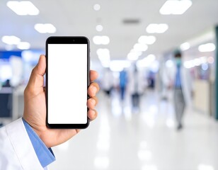 A male doctor is holding a cell phone in his hands, using a blank white mockup screen to demonstrate an ehealth mobile app for medical healthcare telemedicine advertisements and e telehealth online ap