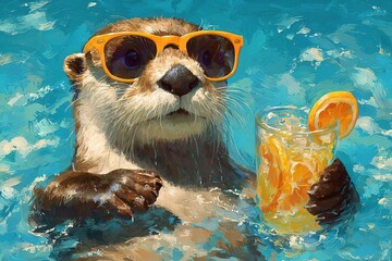 A playful otter wearing orange sunglasses floats in a pool, holding a glass of orange drink with a slice of orange. The water is bright blue and inviting.