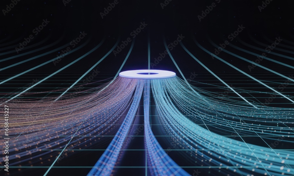 Poster abstract glowing lines converging into a central ring above a grid