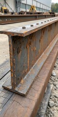 Close-up of a rusty I-beam steel structure resting on wooden beams metal
