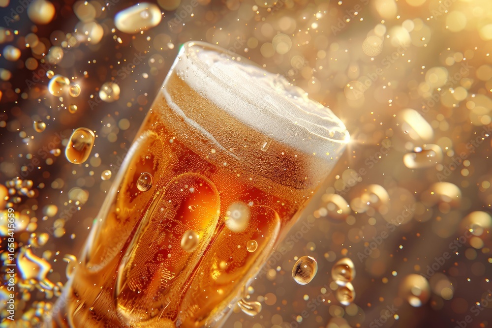 Poster glass of beer splashing with foam and bubbles on golden background, creating a refreshing and celebr
