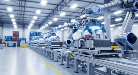 Naklejka premium Modern warehouse floor with assembly line robots receiving battery packs illustrating innovation in energy logistics solutions.