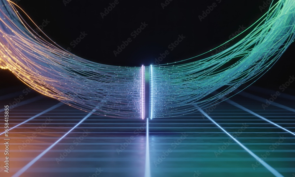 Aufkleber abstract light strings converging above a glowing grid on black