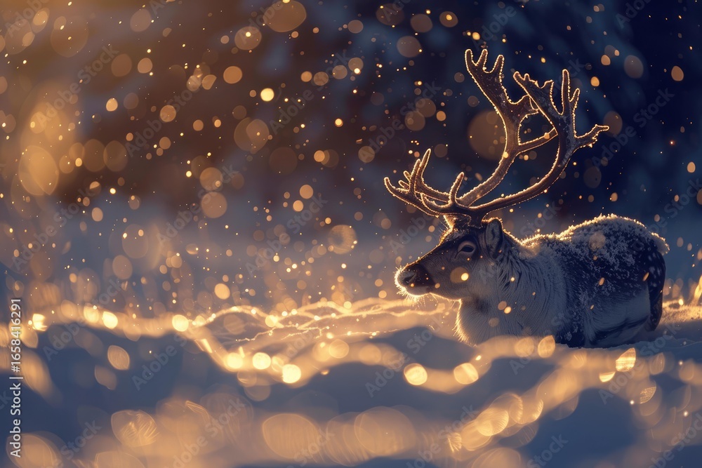 Poster reindeer lying in the snow with magical golden bokeh created by falling snow reflecting the setting 