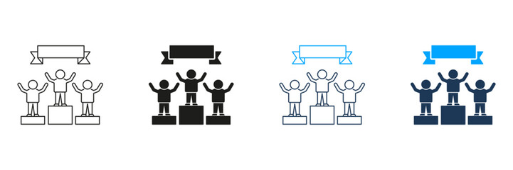 Podium Winners With Banner Line And Solid Icon Set. Achievement, Success, And Competition Recognition Symbol Collection. Victory Celebration And Award Ceremony. Isolated Vector Illustration