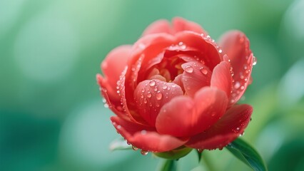 A vibrant red rose with dew drops, set against a soft green background.