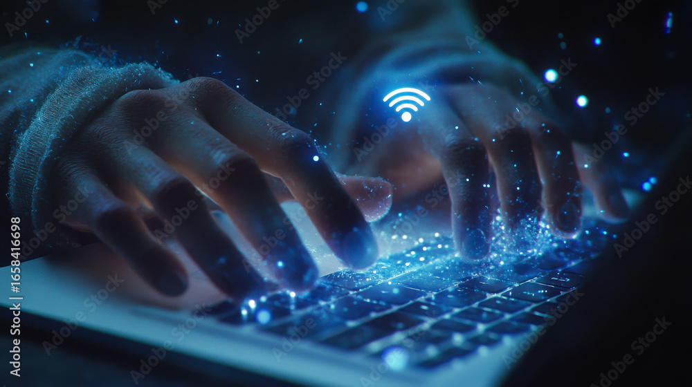 Poster digital connectivity experience with hands typing on a laptop in a dark environment with glowing ele
