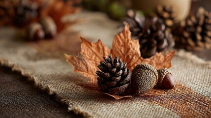 Style a cozy tabletop scene where amber-hued maple leaves gently overlap polished acorns and textured pinecones, all on a soft burlap runner