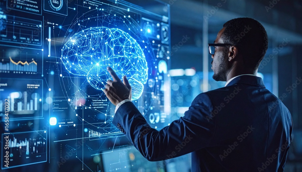 Fototapete businessman with ai digital brain, machine learning, and data science interface for global network c